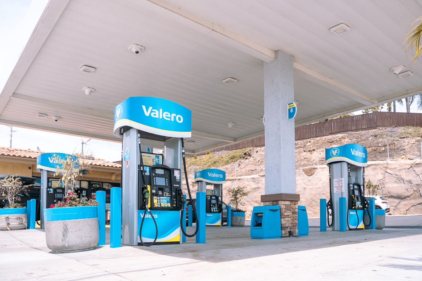 Valero gas pumps under the canopy at Cardiff Valero