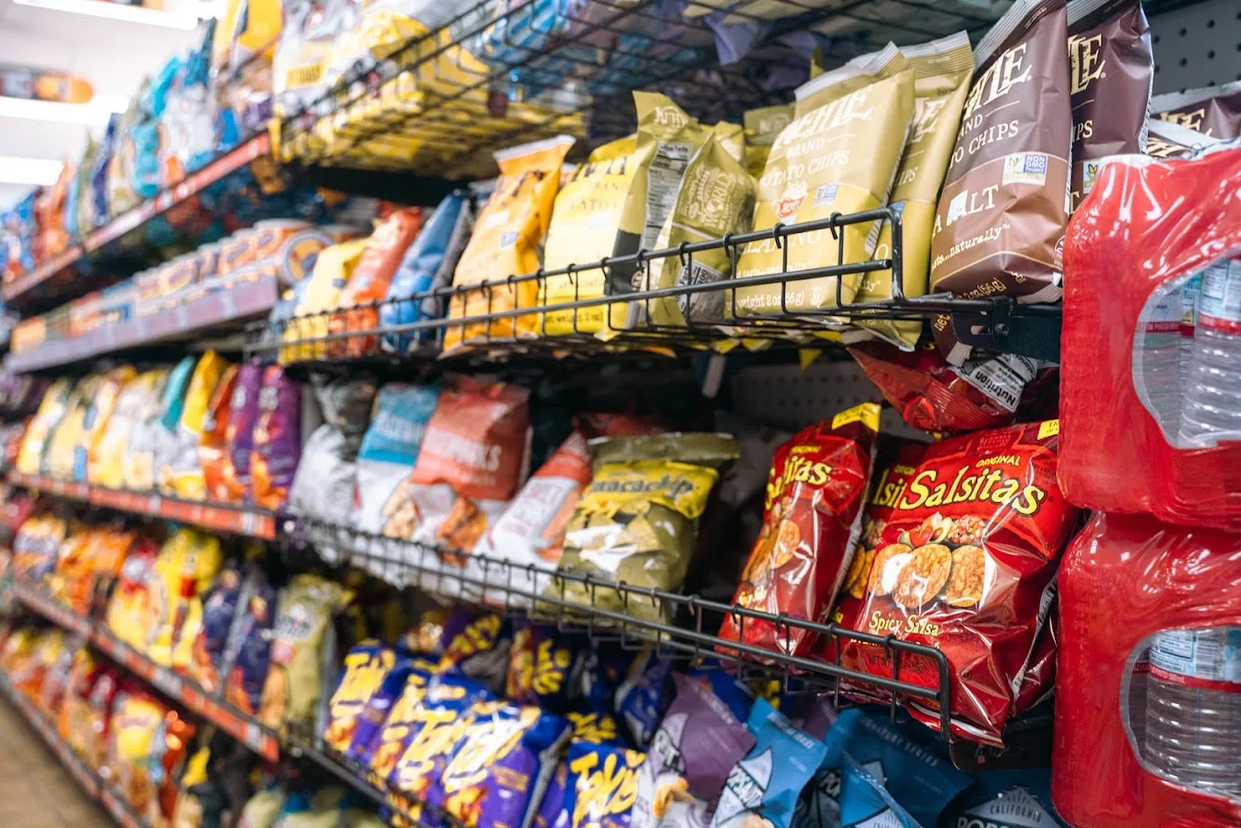 Snack aisle — chips, Salsitas, Kettle, pretzels