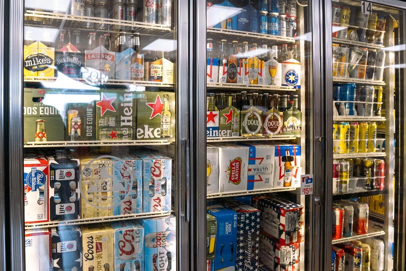 Beer coolers — Heineken, Coors, Bud Light, Stella, White Claw