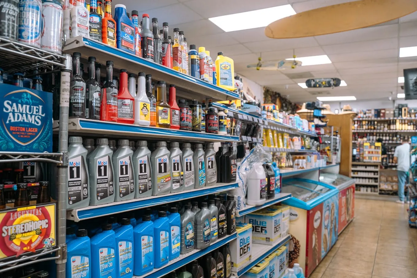 Auto essentials aisle — Mobil 1 motor oil, cleaners, Blue DEF