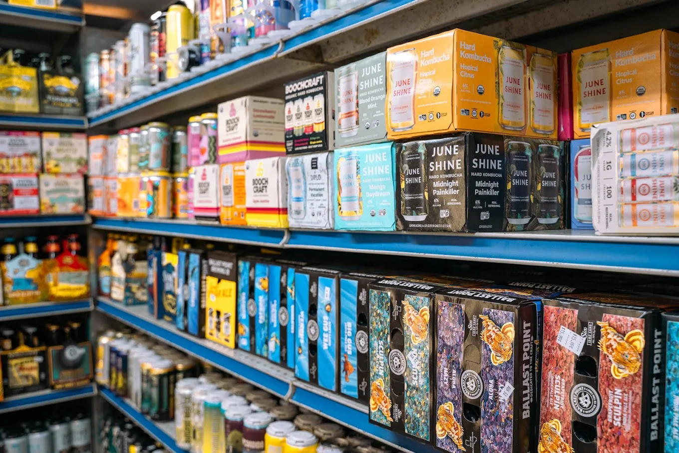 Hard kombucha and craft beer shelves — June Shine, Ballast Point
