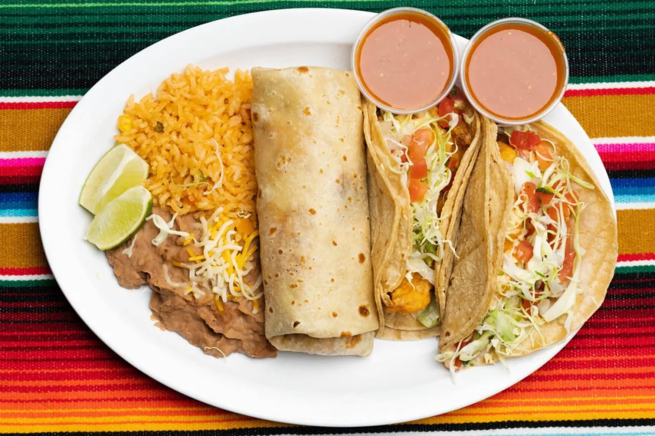 El Pueblo Mexican Food — taco, burrito, rice, and beans plate